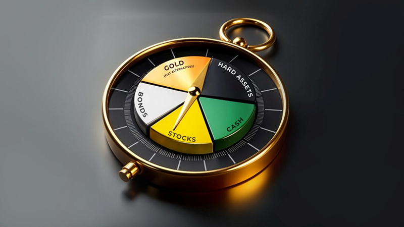 The Butterfly Portfolio rendered as a gold pocket watch with five equal asset slices: gold, hard assets, bonds, stocks, and cash